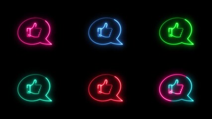 Collection of looping neon thumbs up icons in speech bubbles, animating with vibrant glow in varied colors on a black background, social media, approval, feedback, or engagement - Powered by Adobe