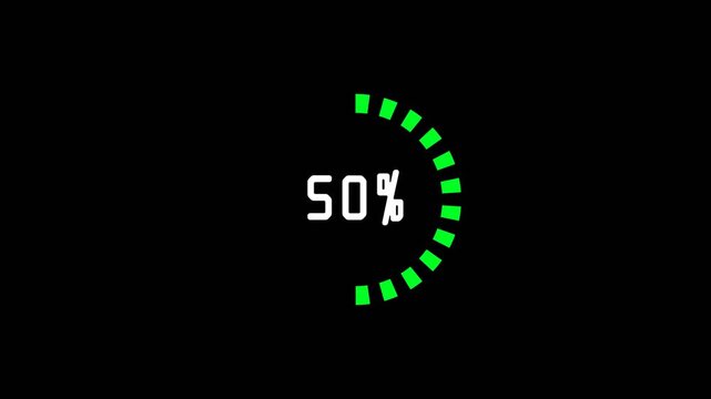 Loading Data HUD Circular progress bar showing 100% completion with green segmented blocks forming a half-ring, centered white percentage text on a black background.