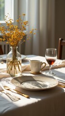 Rustic table setting with red wine and yellow flowers