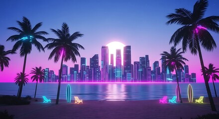 Vibrant cityscape and beach scene evoking a retro futuristic atmosphere with neon accents