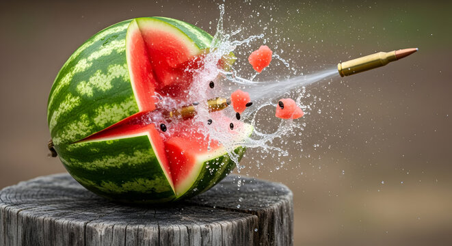 Watermelon with a Bullet Hole Exploding Fruit Slice Splashing Juicy Liquid and Seeds in Outdoor Setting - Powered by Adobe