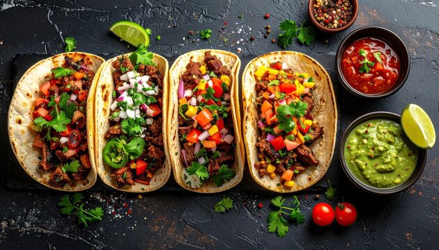 Overhead View of Four Tacos with Meat and Vegetable Toppings on Dark Textured Surface with Salsa and Guacamole Condiments