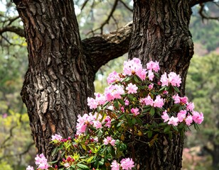 Pink azaleas clinging to a large tree trunk