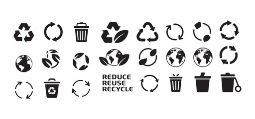 Collection of environmental icons representing recycling, sustainability, and waste management for a greener planet.