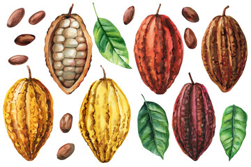 Cacao fruit set watercolor illustration cocoa pods beans leaves tropical exotic chocolate ingredient organic food art