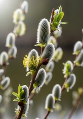 Delicate willow catkins herald the arrival of springtime with soft textures and subtle floral details against a blurry
