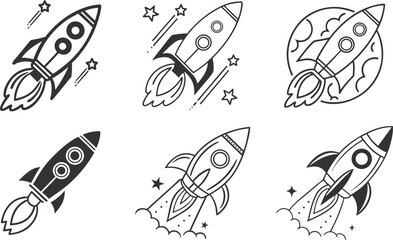 Six Rocket Launch Icons in Black and White.
