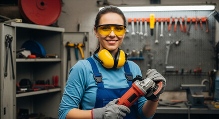 Fototapeta premium Smiling woman in overalls holding angle grinder in workshop with tools and equipment in background