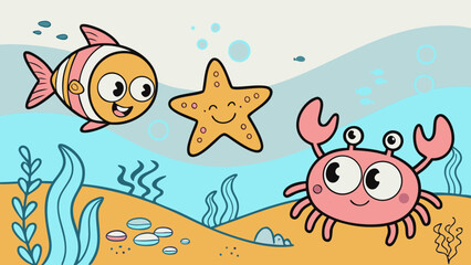 Cute Underwater Friends – Cartoon Fish, Starfish, and Crab with Happy Faces | Adorable Ocean Illustration for Kids and Nursery Decor