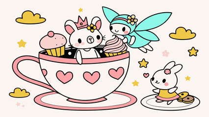 Cute Fairy and Animals Cartoon Tea Party – Adorable Magical Illustration in Teacup | Fantasy Kawaii Cartoon Art for Kids and Nursery Decor