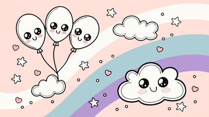 Cute Cartoon Clouds with Happy Faces – Smiling Clouds and Raindrops Illustration | Adorable Kawaii Sky Art for Kids Nursery and Children’s Posters