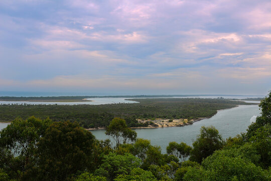 Aerial view at the region around Lakes Entrance a fishing town and holiday resort in Victoria, Australia