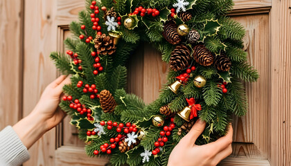 Festive Holiday Wreath Hanging Evergreen, Berries, and Pine Cones