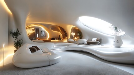 Futuristic interior design with organic shapes and lighting isolated on white background