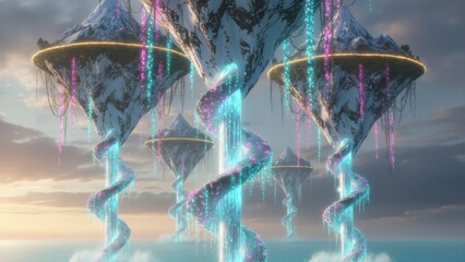 Snow-capped floating islands with waterfalls