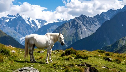 White horse in alpine meadow