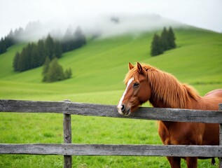 Brown horse standing near a wooden fence on a green mountain meadow. Peaceful countryside landscape with fog, pine trees, and calm natural atmosphere in early morning light.