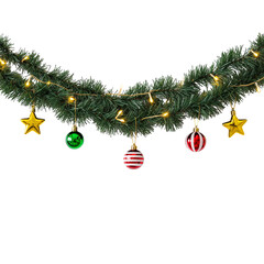 Festive christmas garland with twinkling lights and ornaments for holiday decoration isolated on transparent background