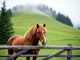 Brown horse standing near a wooden fence on a green mountain meadow. Peaceful countryside landscape with fog, pine trees, and calm natural atmosphere in early morning light.