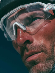 Close-up of an engineer wearing safety glasses. Engineering technologies and modern solutions.