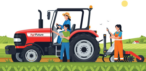 Modern women farmers working together with tractor on sunny agricultural farm