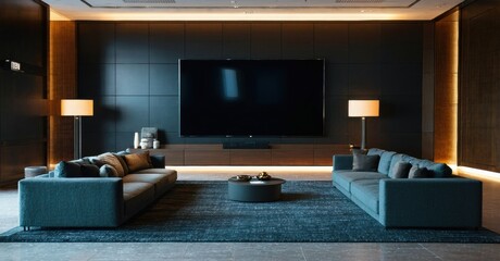 Modern living room features dark walls, sofas, large tv. Warm lighting creates cozy atmosphere. Minimalist design, elegant space.