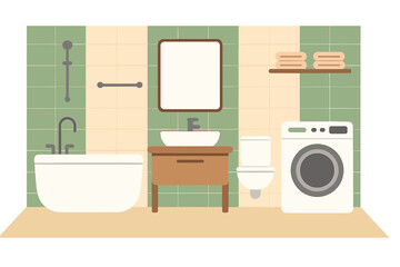 Modern bathroom interior design. Flat vector illustration of a restroom with furniture. Bathtub, shower, sink, toilet, and washing machine. Household hygiene concept.