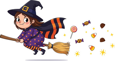 Charming cartoon witch flying on broom with candy for Halloween night fun