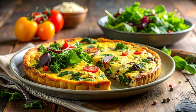 Fresh quiche with mixed greens and vegetables