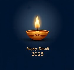 Glowing diya with warm light on dark background celebrating Happy Diwali 2025.
