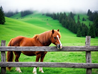 Brown horse standing near a wooden fence on a green mountain meadow. Peaceful countryside landscape with fog, pine trees, and calm natural atmosphere in early morning light.