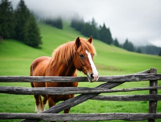 Brown horse standing near a wooden fence on a green mountain meadow. Peaceful countryside landscape with fog, pine trees, and calm natural atmosphere in early morning light.