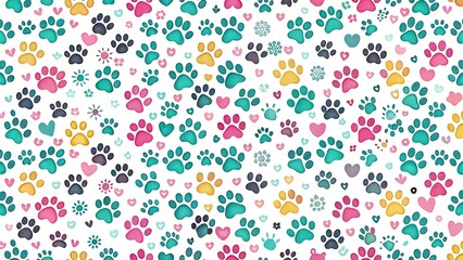 Seamless pattern of colorful paw prints and hearts on a white background