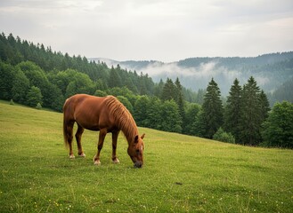 Brown horse grazing on a green meadow with misty mountains in the background. Peaceful rural landscape with soft light, pine trees, and natural calm atmosphere in early morning.