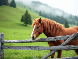 Brown horse standing near a wooden fence on a green mountain meadow. Peaceful countryside landscape with fog, pine trees, and calm natural atmosphere in early morning light.