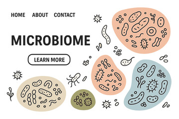 Microbiome website landing page template. Vector background with hand drawn bacteria, microbes. Science and biology concept with gut flora, probiotics. Abstract shapes illustration.