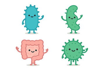 Cute good bacteria and intestine characters. Gut microflora, probiotics, and friendly microbes. Healthy digestion and human microbiome concept. Vector flat illustration icon set.