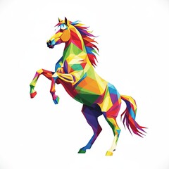Colorful geometric illustration of a rearing horse made from polygonal shapes. Modern abstract vector art design with vibrant rainbow tones symbolizing power, motion, and freedom.