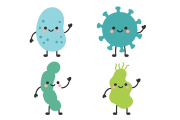 Friendly probiotic bacteria and virus characters for gut health. Cute smiling microflora mascot set. Healthy intestine microbiome concept. Vector cartoon illustration icon design.