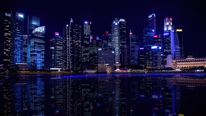 Naklejka premium Singapores Dazzling Skyline at Night - A Captivating Urban Landscape.
