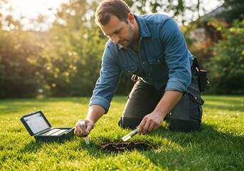 Obraz premium Dedicated professional scientist meticulously tests soil health in a sunny backyard garden, ensuring vibrant plant growth and a thriving ecosystem.