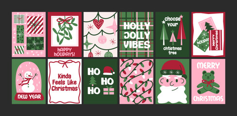 Obraz premium Christmas new year posters in cartoon style. Holiday gifts, santa, christmas tree, coziness. Holiday seasonal vector postcards in retro groovy style. picture for wall and for printing 