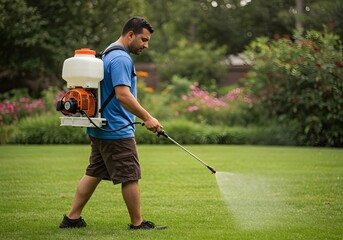 Professional landscaper meticulously sprays lush green lawn with backpack sprayer for vibrant, healthy garden perfection