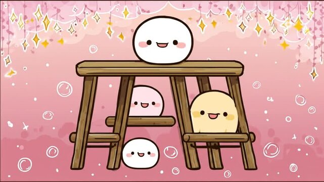 Cartoon characters in various positions on a wooden swing set background