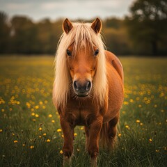 Brown pony with long blonde mane standing in a green field with yellow wildflowers. Peaceful countryside landscape with warm evening light and natural rural atmosphere.