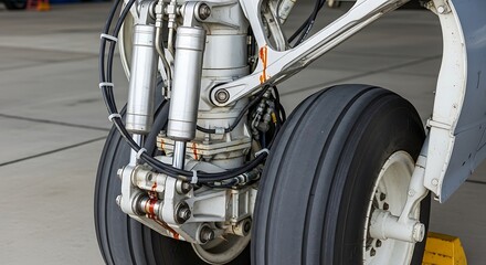 Fototapeta premium Close-up of airplane landing gear revealing its complex mechanisms and robust engineering design
