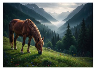 Horse grazing on a green mountain meadow surrounded by pine trees and misty valleys. Peaceful natural landscape with morning light, serene atmosphere, and alpine wilderness.