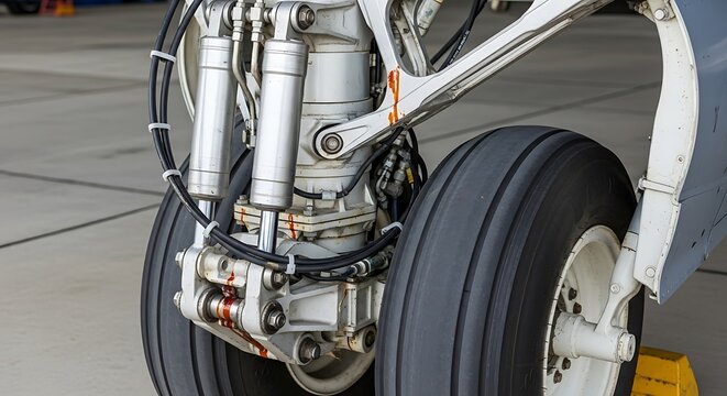 Close-up of airplane landing gear revealing its complex mechanisms and robust engineering design
