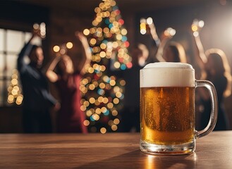Glass of beer on a wooden table with people dancing near Christmas tree in background. Festive celebration scene with warm golden light, holiday decor, and cheerful party mood.