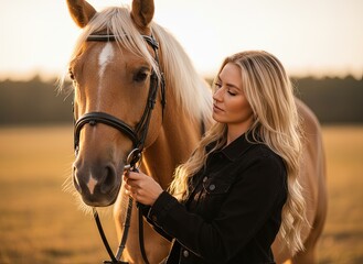 Woman standing with a palomino horse in a field at sunset. Peaceful countryside scene with warm golden light, gentle connection, and natural rural atmosphere in evening glow.